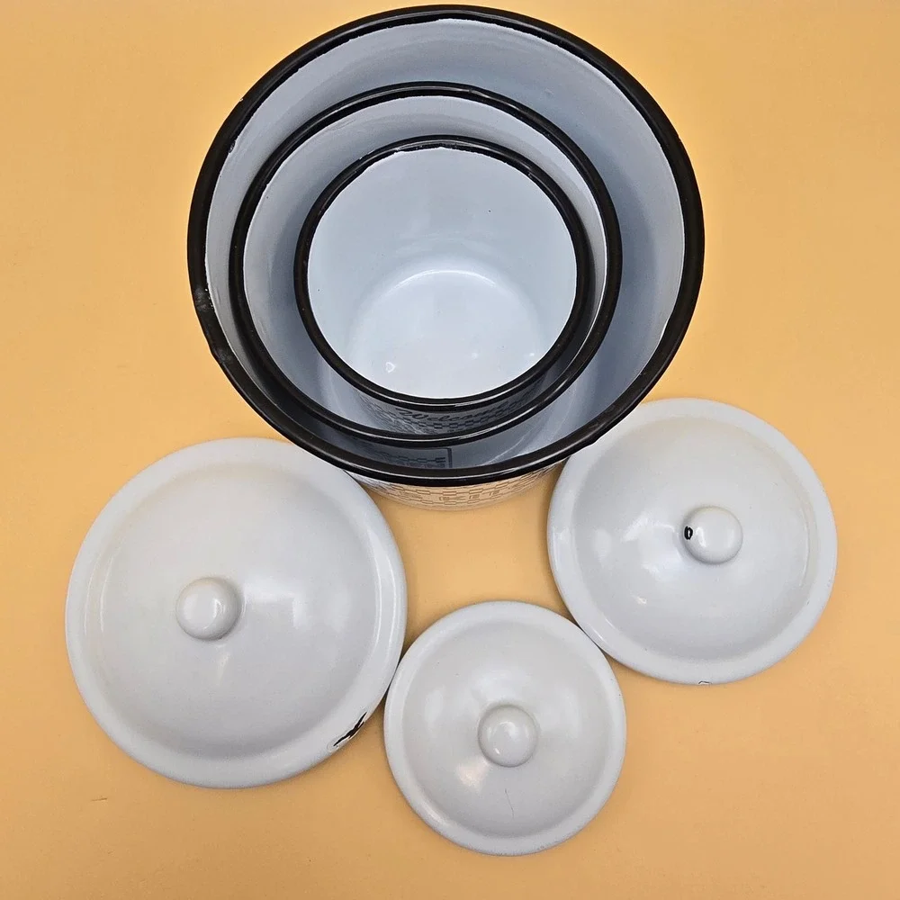 Vintage Mom's Kitchen Enamel Canister Set White Black Checkered 3 Piece Rustic